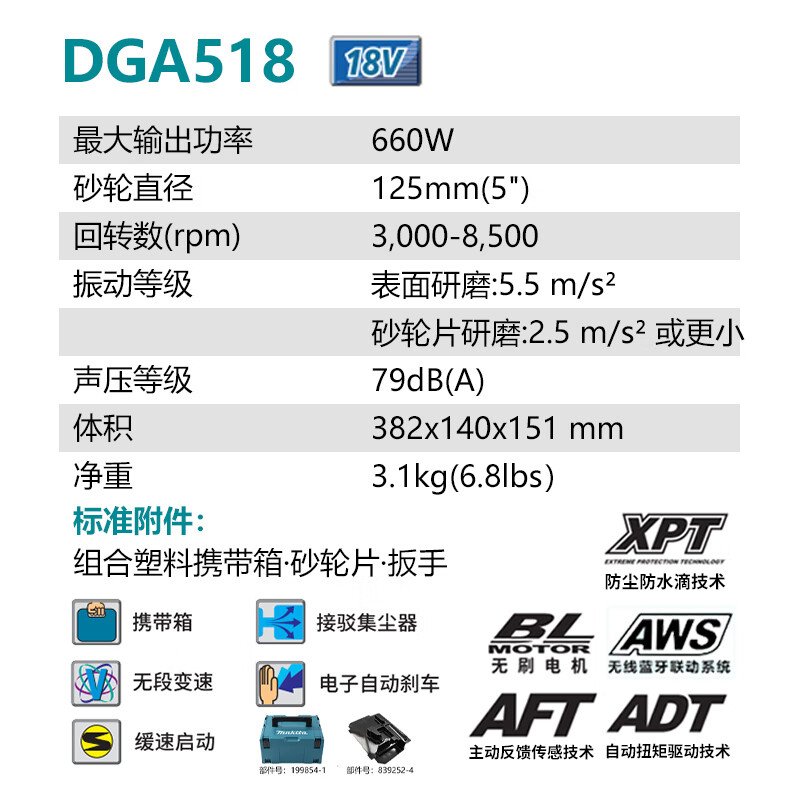 Угловая шлифовальная машина Makita DGA518, 125 мм + два аккумулятора 4.0Ah