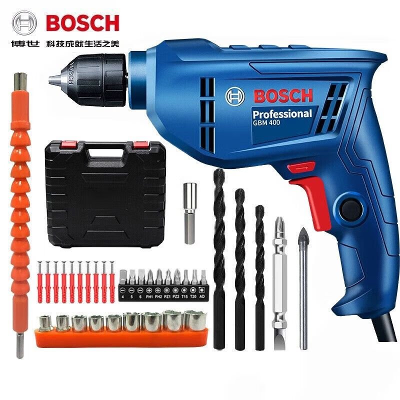 Дрель электрическая Bosch GBM400KL + набор насадок, кейс