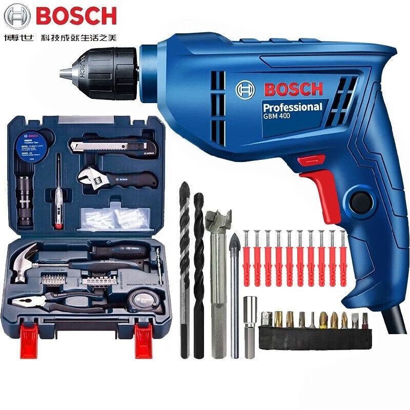 Дрель электрическая Bosch GBM400 + набор инструментов, сверла