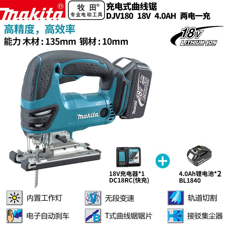 Лобзик Makita DJV180, 135 мм + два аккумулятора 18V/4.0Ah, зарядное устройство